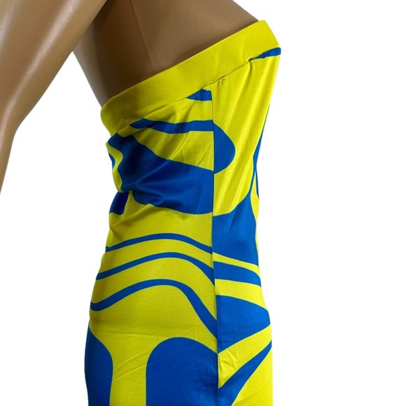 Women Bodycon Strapless Dress Large Yellow Blue Midi Stretch Backless - Picture 9 of 15